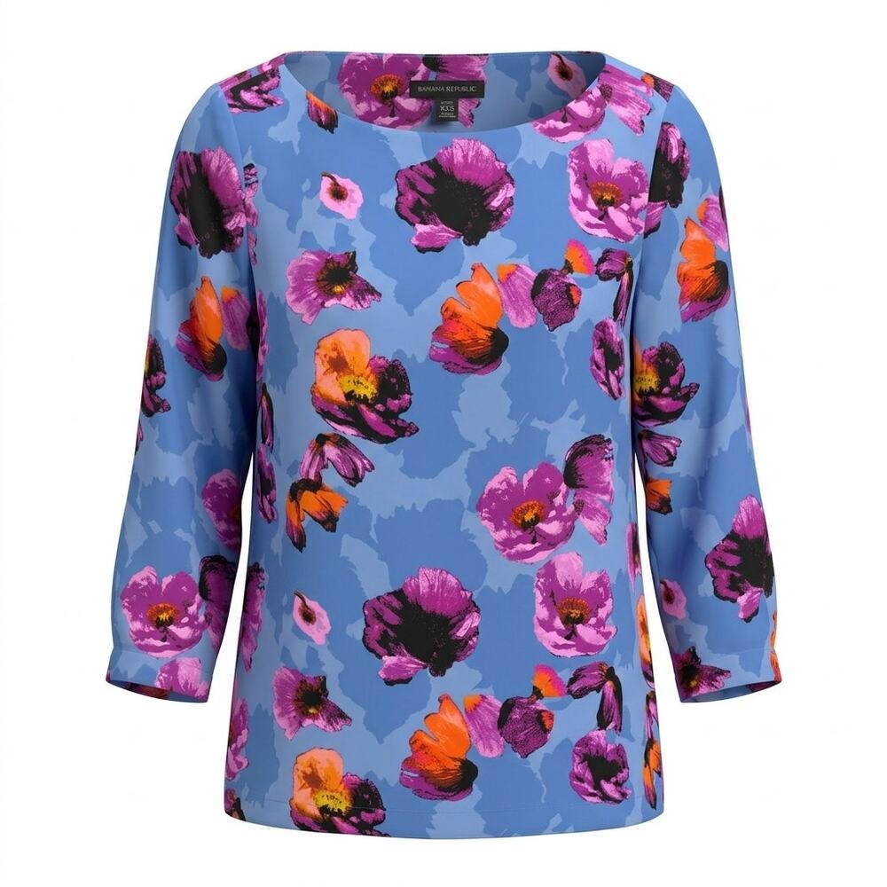 Banana Republic Floral Boat Neck 3/4 Sleeve Blouse Women Size XXS Petite